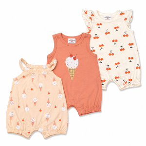Ensemble de 3 Barboteuses Bébé Sans Manches Motifs Cerises & Cônes de Glace