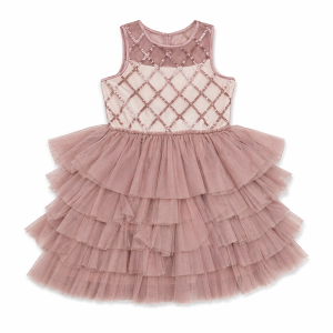 Robe de Cérémonie Enfant Rose Poudré à Losanges et Sequins