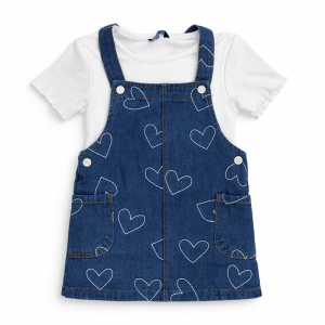 Ensemble 2 Pièces Enfant : T-shirt Cœurs & Robe Salopette Bleu Denim