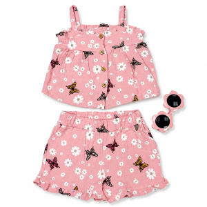 Ensemble 3 pièces décontracté fille : Haut à bretelles, Short et Lunettes de soleil