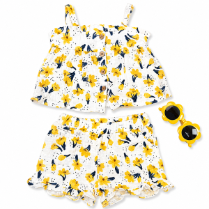 Ensemble 3 pièces décontracté fille : Haut à bretelles, Short et Lunettes de soleil - Jaune, 4 Ans