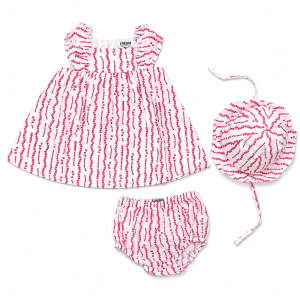 Ensemble 3 pièces Bébé Fille : Robe, Culotte et Chapeau Cœurs & Rayures