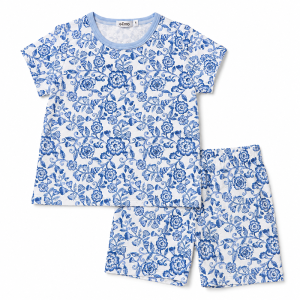 Ensemble de Pyjama Enfant 2 Pièces T-shirt et Short Floral Blanc et Bleu