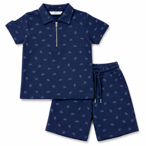 Ensemble Short et Polo Décontracté Été Bleu Marine à Motifs Végétaux