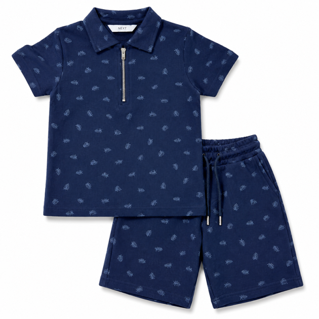 Ensemble Short et Polo Décontracté Été Bleu Marine à Motifs Végétaux