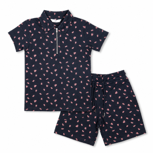 Ensemble Polo & Short Décontracté Été - Bleu Marine & Rose Motif Abstrait