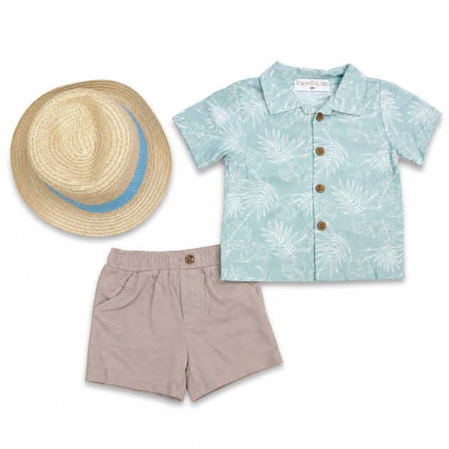 Ensemble 3 Pièces Estival Bébé Garçon : Chemise Tropicale, Short et Chapeau de Paille