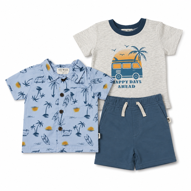 Ensemble 3 pièces bébé été : Chemise, T-shirt et Short