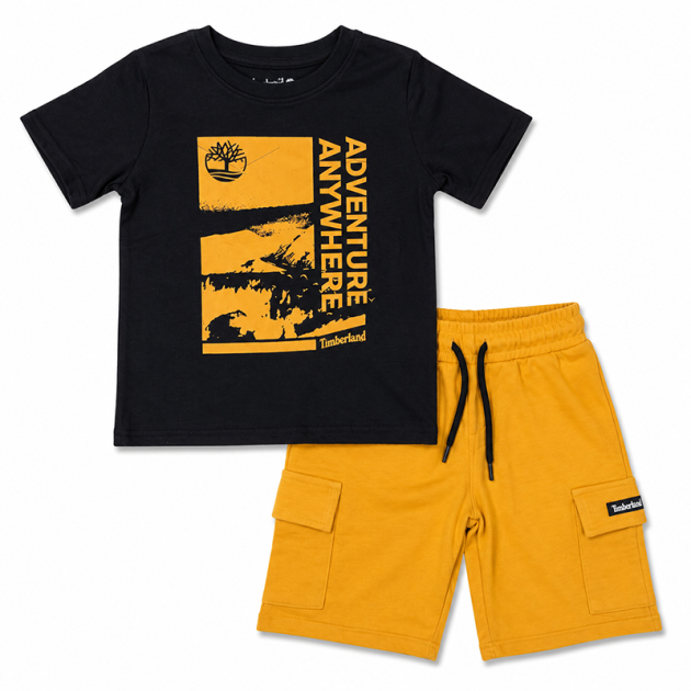 Ensemble T-shirt et Short Enfant Décontracté Noir et Jaune Moutarde à Motif Graphique