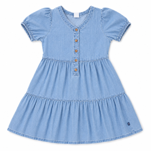 Robe Enfant Denim à Volants Manches Courtes Bouffantes Bleu Clair