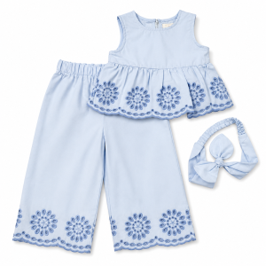 Ensemble 3 Pièces Rose : Haut Sans Manches, Pantalon Large et Bandeau - Bleu, 12 Mois