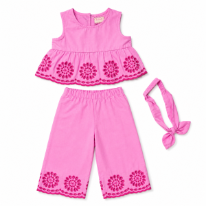 Ensemble 3 Pièces Rose : Haut Sans Manches, Pantalon Large et Bandeau - Fushia, 12 Mois