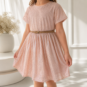 Ensemble Robe et Ceinture Festif Rose poudré & Doré Motif Pailleté