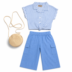 Ensemble 3 Pièces Décontracté : Haut Rayé, Pantalon en laine et Sac - Bleu, 6 Ans