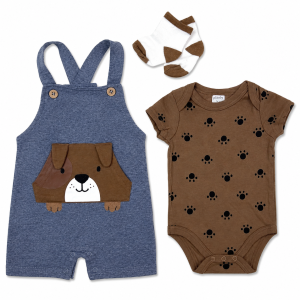 Ensemble Bébé 3 Pièces : Salopette Courte, Body Manches Courtes et Chaussettes