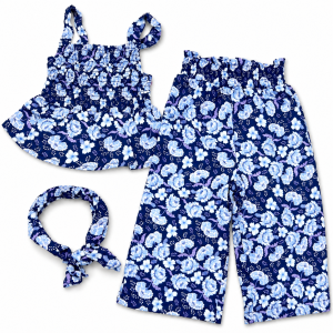 Ensemble 3 Pièces Enfant Été Floral : Haut Sans Manches, Pantalon Large et Bandeau