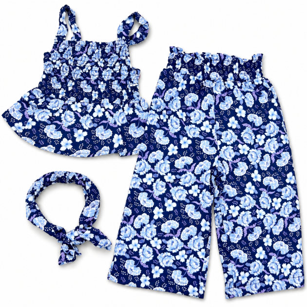 Ensemble 3 Pièces Enfant Été Floral : Haut Sans Manches, Pantalon Large et Bandeau