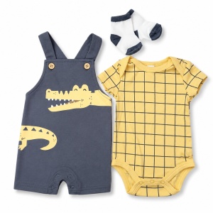 Ensemble Bébé 3 Pièces Ludique : Salopette Courte, Body Manches Courtes et Chaussettes