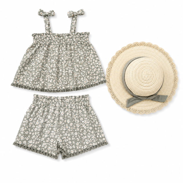 Ensemble 3 Pièces - Haut, Short & Chapeau Floral – Image 3