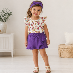 Ensemble Fille 3 Pièces Printemps-Été : Haut, Jupe & Bandeau Floral