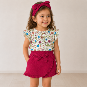 Ensemble 3 Pièces : Haut, Jupe-short & Bandeau Floral