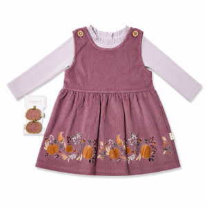 Ensemble Automnal 3 Pièces pour Enfant : Robe Salopette, Haut & Barrettes Citrouille