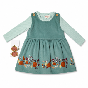 Ensemble Automnal 3 Pièces pour Enfant : Robe Salopette, Haut & Barrettes Citrouille - Vert, 2 Ans
