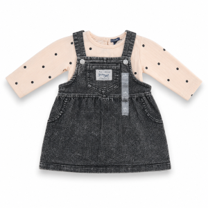 Robe Salopette Kiabi en Jean Noir avec Haut Beige à Pois - 36 Mois