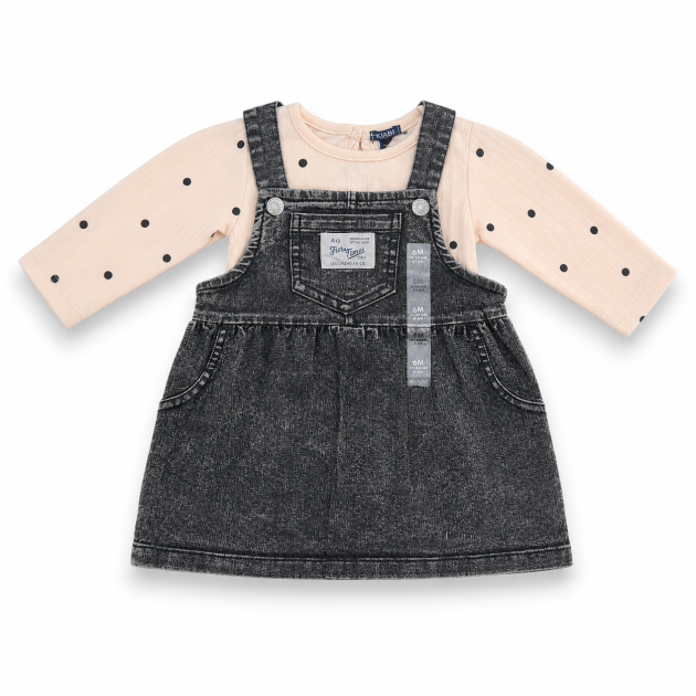 Robe Salopette Kiabi en Jean Noir avec Haut Beige à Pois