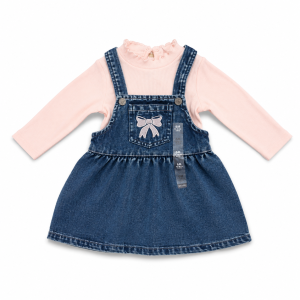 Robe Salopette Kiabi en Jean Bleu avec Nœud Brodé et Haut Rose