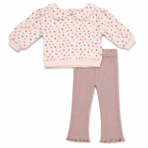 Ensemble Fille Fleuri Rose avec Sweat Col Claudine et Pantalon Évasé - 12 Mois