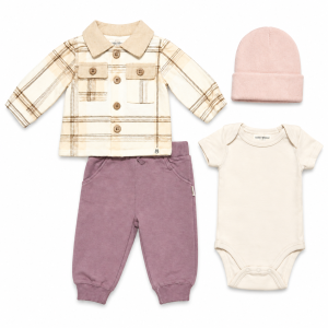 Ensemble Bébé 4 Pièces : Veste à Carreaux, Pantalon, Body & Bonnet