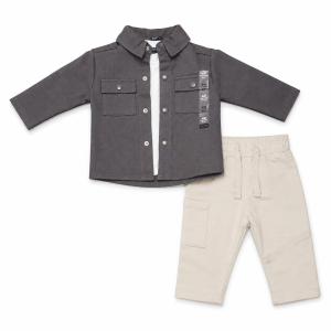 Ensemble Bébé Garçon Kiabi – Surchemise Gris Anthracite, T-Shirt Blanc & Pantalon Beige