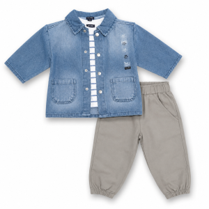 Ensemble Bébé Garçon Kiabi – Surchemise en Jean Bleu, T-Shirt Rayé & Pantalon Beige