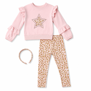 Ensemble Fille 3 Pièces Rose Léopard – Sweat à Volants, Legging & Serre-Tête Assorti