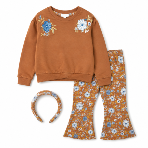 Ensemble Fille Floral 3 Pièces – Sweat, Pantalon Évasé & Serre-Tête Assorti