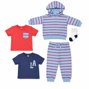 Ensemble Garçon 5 Pièces Bleu & Rouge à Rayures – Sweat à Capuche, 2 T-Shirts, Pantalon & Chaussettes