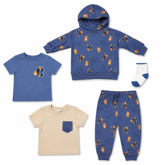 Ensemble Garçon 5 Pièces Bleu à Motifs Oursons – Sweat à Capuche, 2 T-Shirts, Pantalon & Chaussettes
