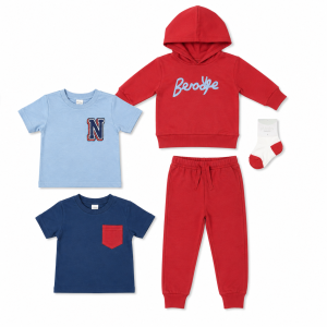 Ensemble Garçon 5 Pièces Rouge & Bleu – Sweat à Capuche, 2 T-Shirts, Pantalon & Chaussettes