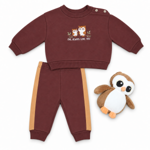 Ensemble bébé bordeaux et hibou en peluche