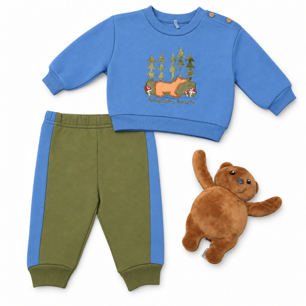 Ensemble bébé bleu et vert avec peluche