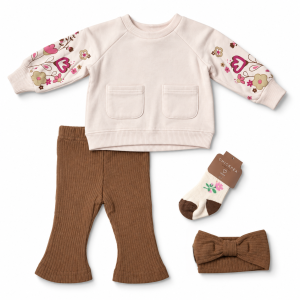 Ensemble Bébé Fille Fleuri 4 Pièces – Beige & Marron