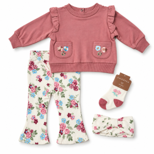 Ensemble Bébé Fille Fleuri 4 Pièces – Rose & Écru