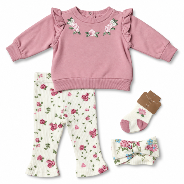 Ensemble Bébé Fille Fleuri 4 Pièces – Rose Poudré & Écru