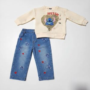 Ensemble KIABI bébé fille Stitch – Sweat écru et pantalon jean imprimé