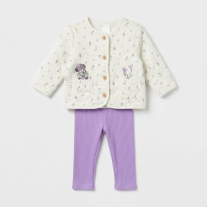 Ensemble bébé fille – Gilet matelassé écru et pantalon violet