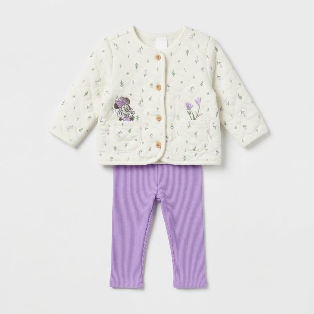 Ensemble bébé fille – Gilet matelassé écru et pantalon violet