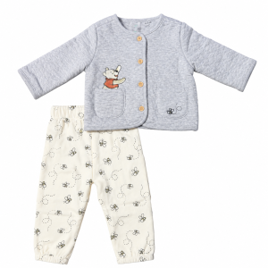 Ensemble bébé imprimé – Gilet gris et pantalon écru