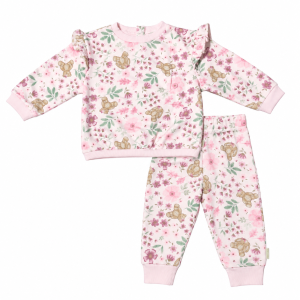 Ensemble Bébé Décontracté Haut Manches Longues ; Pantalon Motifs Floraux et Ours