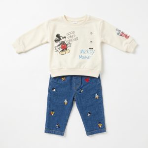 Ensemble bébé garçon Mickey – Sweat écru et pantalon jean imprimé